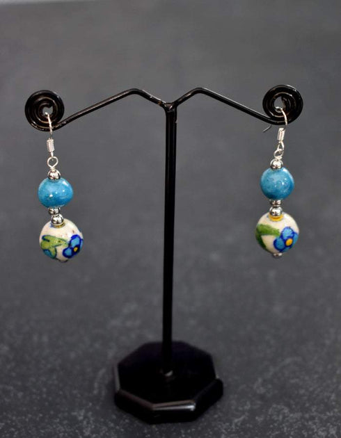 Two Bead Blue Pottery Earrings ( White & Turquoise )