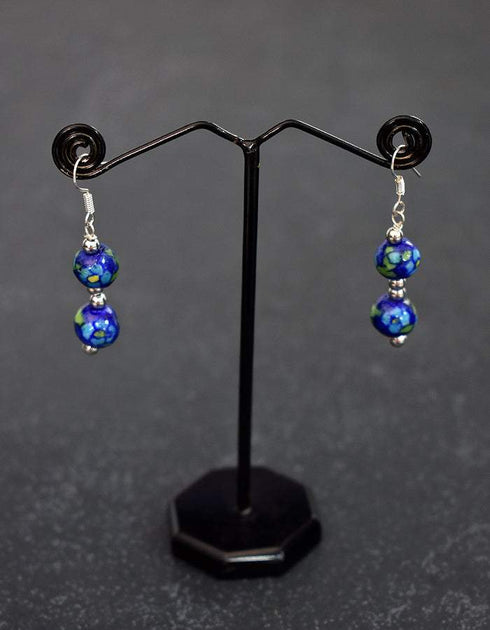 Two Bead Blue Pottery Earrings ( Blue & Green )