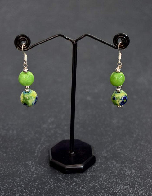 Two Bead Blue Pottery Earrings ( Lime Green )