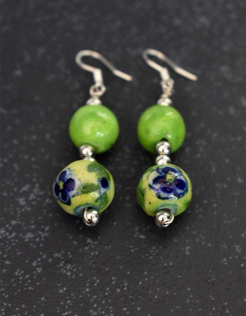 Two Bead Blue Pottery Earrings ( Lime Green )