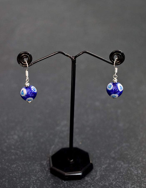 Single Blue Pottery Bead Earrings ( Blue & White )