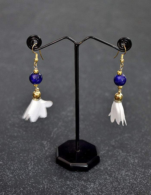 Single Blue Pottery Bead Earrings With Satin Funda