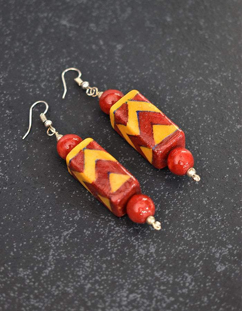 Blue Pottery Rectangle Bead Earrings (Red)