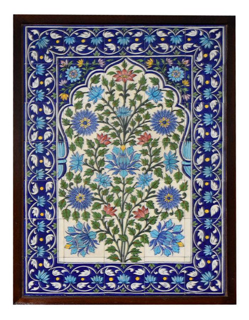Blue Pottery 35 Tiles Wall Pannel With wooden Frame Hand Painted