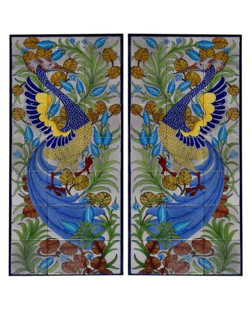 Blue Pottery Hand Painted Tiles Wall Pannel Set Of 2 Pcs. With Iron Frame