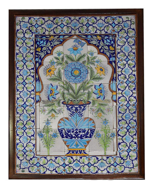 Blue Pottery 35 Tiles Wall Pannel With wooden Frame Hand Painted