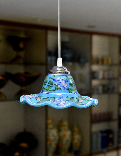 Hanging Lamp in Turquoise Base With Blue Florals