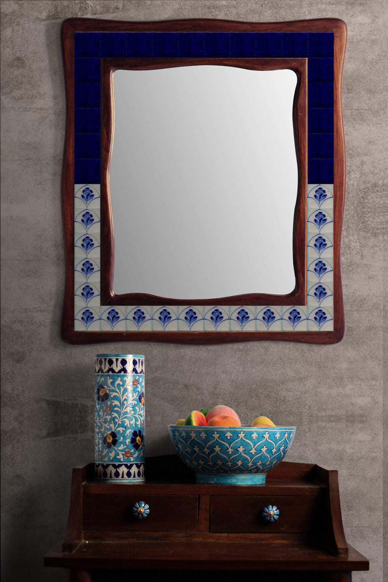 Exclusive White and Blue Tile Wall Hanging Mirror 22X26 inch