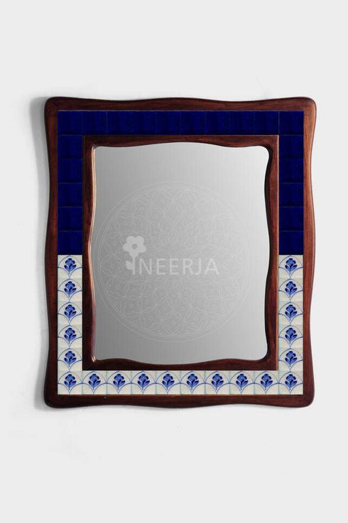 White and Blue Tile Wall Hanging Mirror 22X26 inch