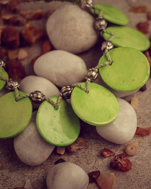 Blue Pottery Seven Pendant Necklace - Lime Green