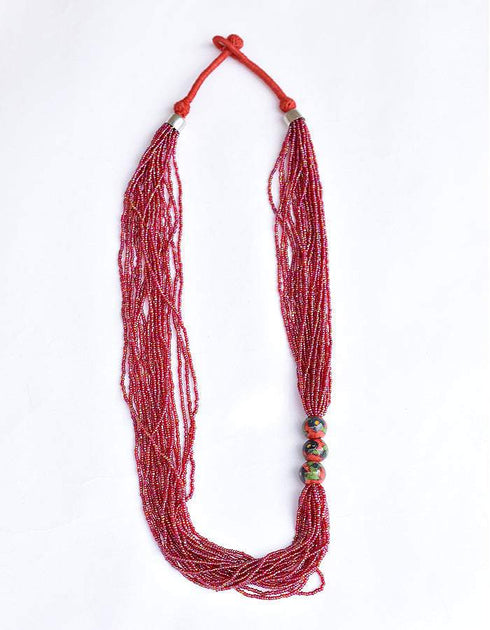 Blue Pottery Three Bead Side Necklace In Red