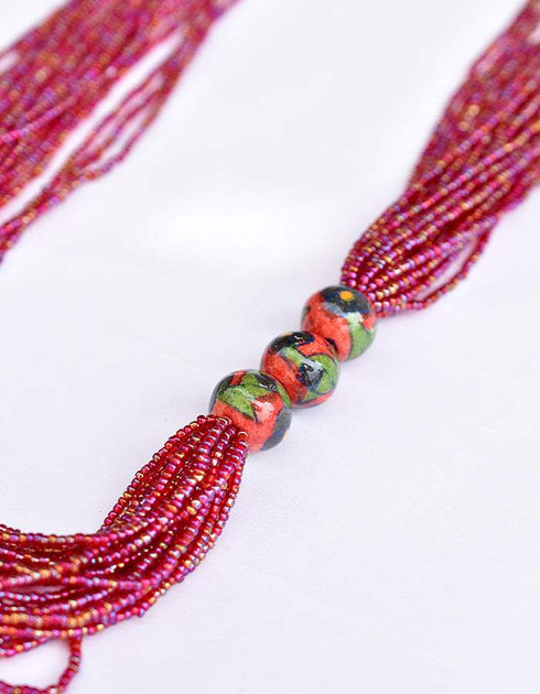 Blue Pottery Three Bead Side Necklace In Red