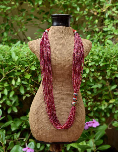 Blue Pottery Three Bead Side Necklace In Red