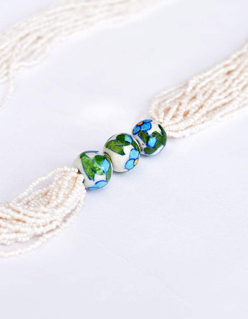 Blue Pottery Three Bead Side Necklace In White