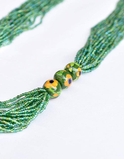 Blue Pottery Three Bead Side Necklace In Green