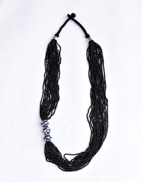 Blue Pottery Three Bead Side Necklace In Black