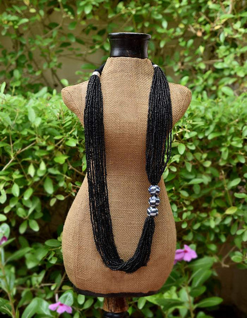 Blue Pottery Three Bead Side Necklace In Black