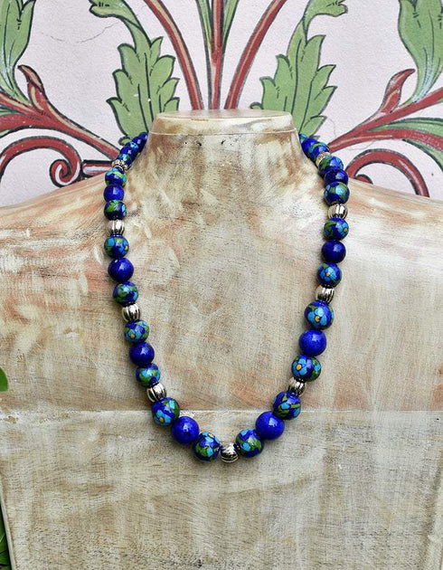 Full Blue Pottery Bead Long Necklace ( Blue)