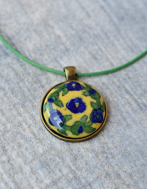 Neerja Blue Pottery Round Pendant Necklace (Yellow)