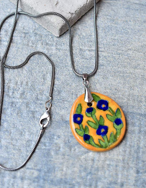 Neerja Blue Pottery Oval Pendant Necklace with Chain