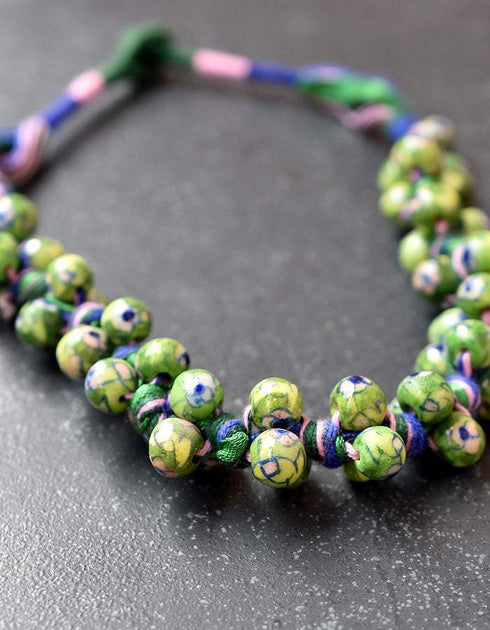 Blue Pottery Knot Necklace Green Floral