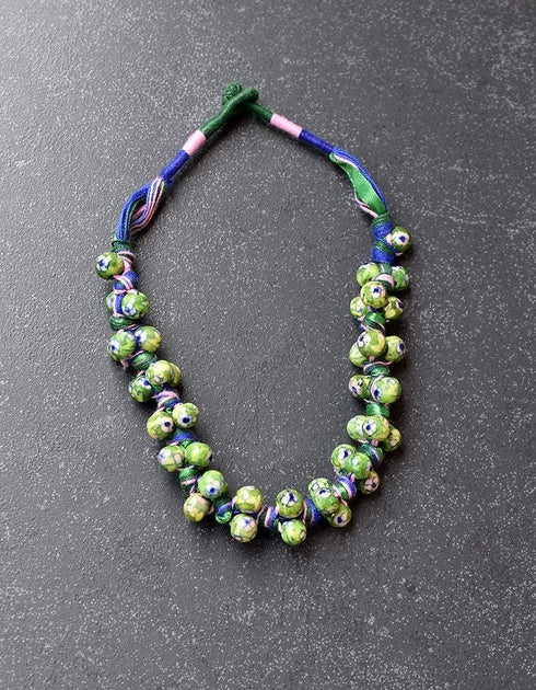 Blue Pottery Knot Necklace Green Floral