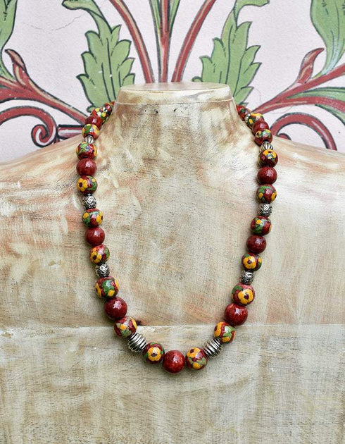 Full Blue Pottery Bead Long Necklace (Red)