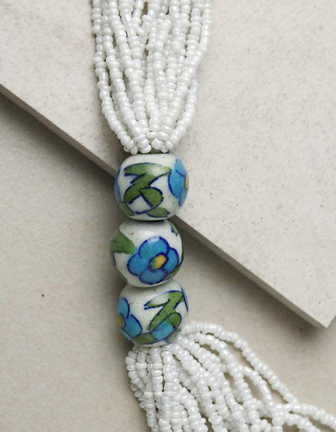 3 Blue Pottery Beads With Seed Bead Necklace (White)