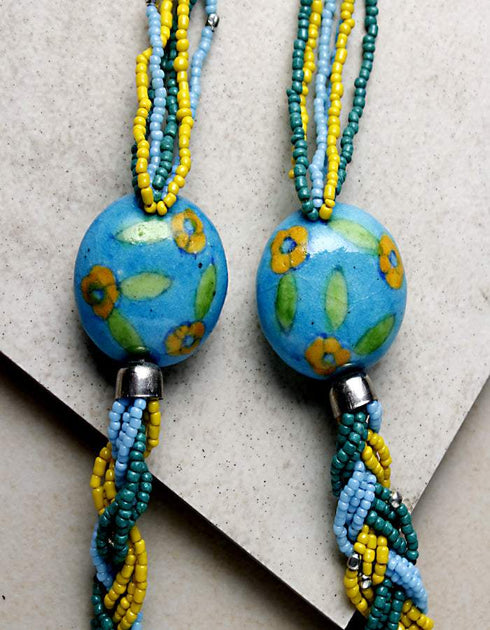 Blue Pottery Bead With Seed Bead Necklace