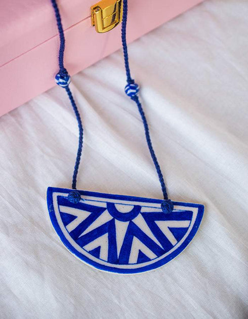 Blue Pottery Pendant Necklace - (Blue)