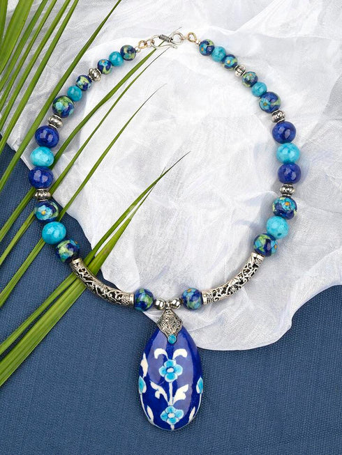Fascinating Blue Pottery Necklace With Pendant and Beads
