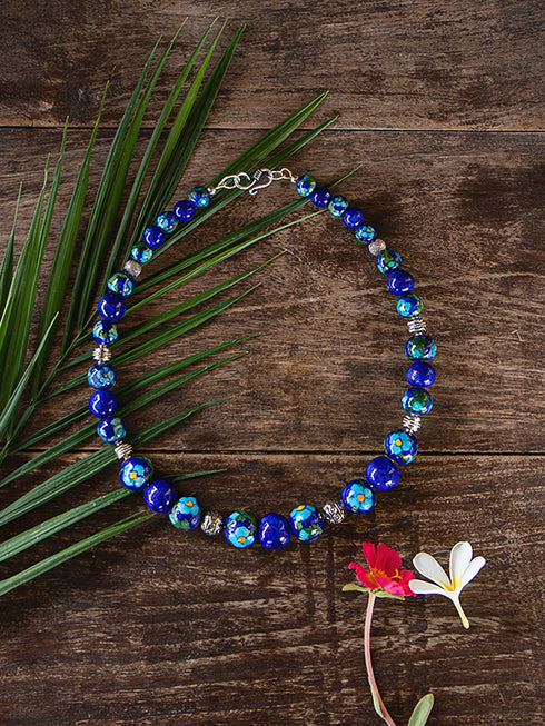 Blue Pottery Bead Choker Necklace ( Blue)