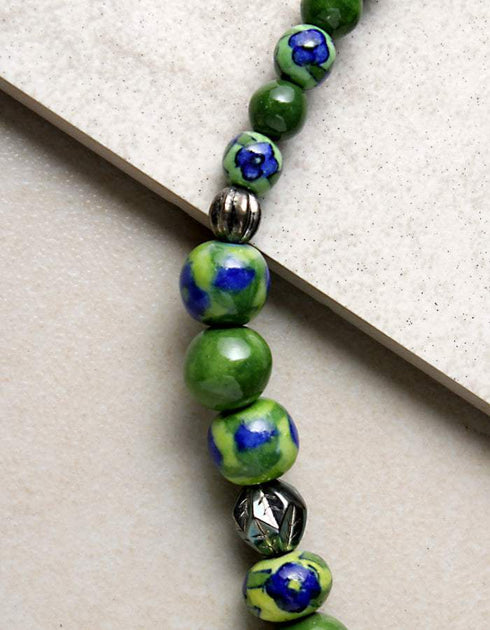 Full Blue Pottery Bead Long Necklace (Green)