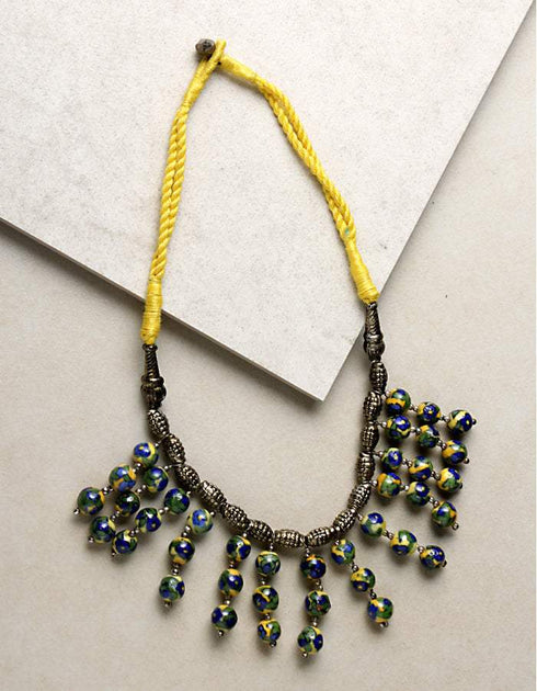 Blue Pottery Bead Chokor Necklace (Yellow)