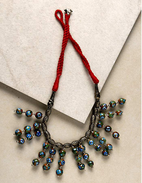 Blue Pottery Bead Chokor Necklace (Red)