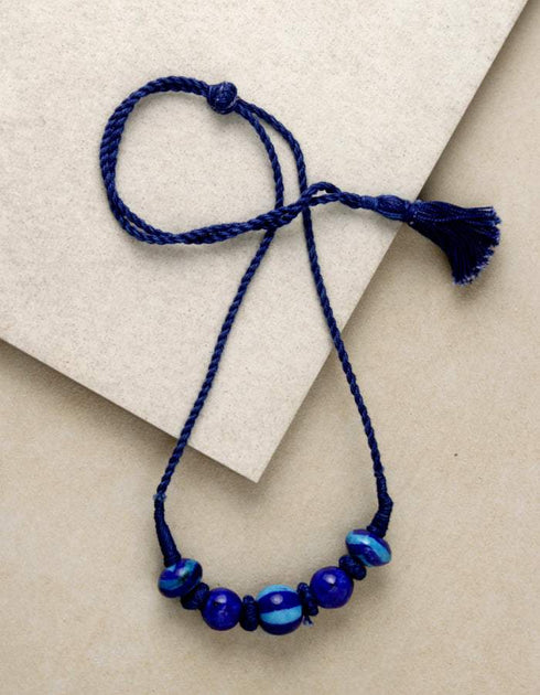 Blue Pottery 5 Bead Necklace (Blue) Geometric