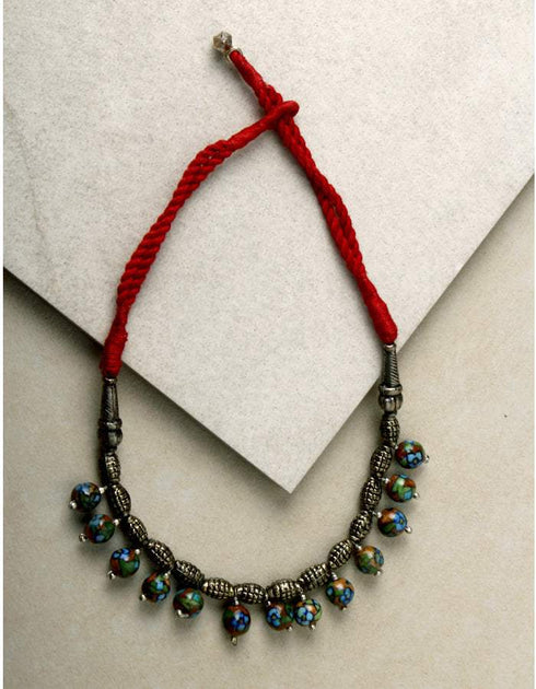 Single Blue Pottery Bead Chokor Necklace (Red)