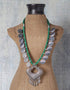Leafy Pattern White Metal Necklace with Green Thread Closure