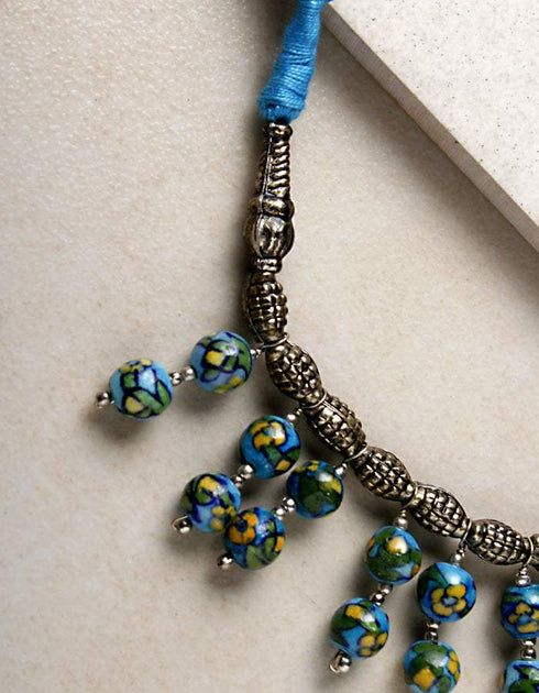 Blue Pottery Bead Choker Necklace Med. (Turquiose)