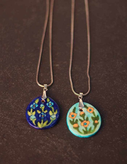 Neerja Blue Pottery Oval Pendant Necklace with Chain (Set of 2 pieces)