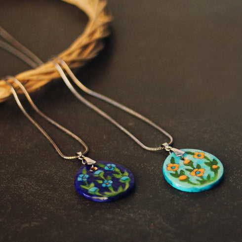 Neerja Blue Pottery Oval Pendant Necklace with Chain (Set of 2 pieces)