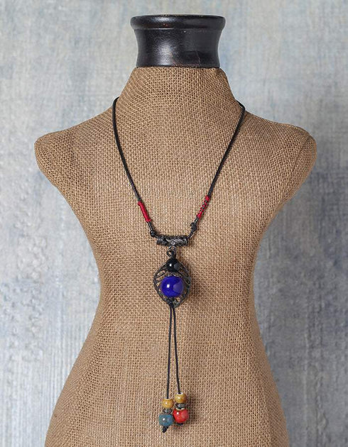 Round Blue Pendant Tassel Necklace