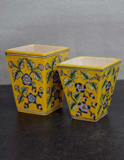 Blue Pottery Square planter Yellow Base Blue Flower Set Of 2 pcs