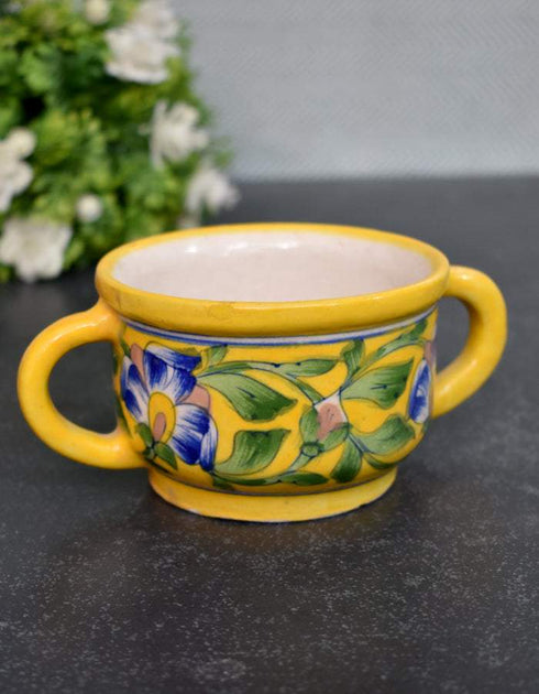 Blue Pottery Kitchen Planter Yellow Base Blue Flower