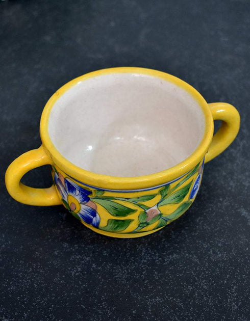 Blue Pottery Kitchen Planter Yellow Base Blue Flower