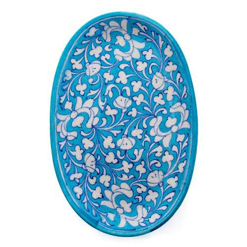 White Leaf and Turquoise Base Oval Plate
