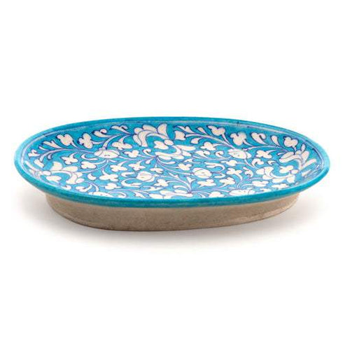 White Leaf and Turquoise Base Oval Plate