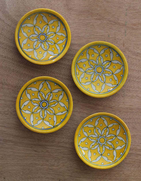 Handmade Geometrical Design Yellow and White Plate 4inch (Set of 4)