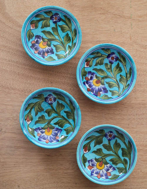 Green leaf on Turquoise Base Serving Plate 4 inch (Set of 4)