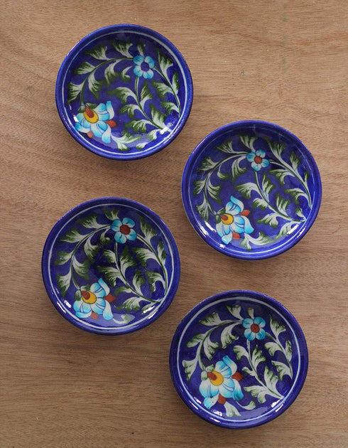 Green Floral Leafy Design on Blue Base Plate 4inch (Set of 4)